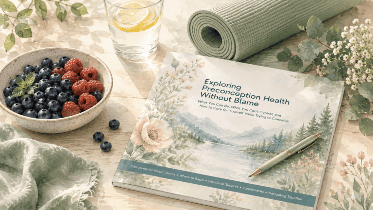 Watercolor-style scene featuring the Yesh Tikva toolkit Exploring Preconception Health Without Blame beside a bowl of berries, lemon water, greenery, and a rolled yoga mat.