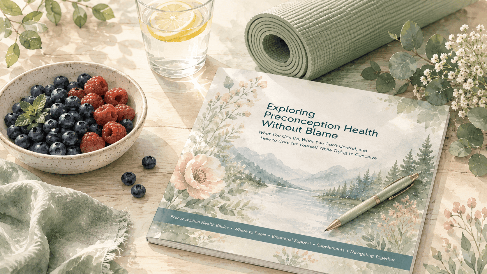 Watercolor-style scene featuring the Yesh Tikva toolkit Exploring Preconception Health Without Blame beside a bowl of berries, lemon water, greenery, and a rolled yoga mat.