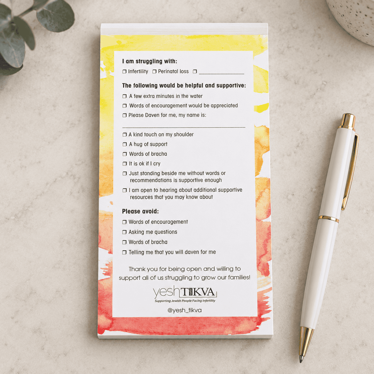 Mikvah Support Notepad for Infertility & Perinatal Loss